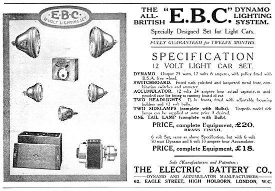 The Electric Battery Company. E.B.C. Dynamo Lighting System 1915 