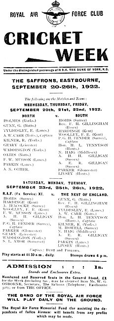 Royal Air Force Club  Cricket Week 20-26th September 1922        