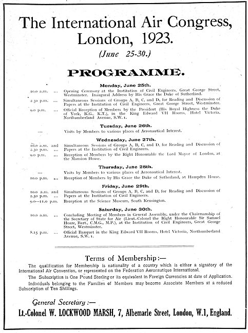 The International Air Congress. London June 25th-30th 1923       