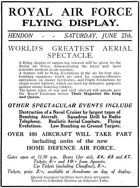 Royal Air Force Flying Display Hendon Saturday June 27th 1925    