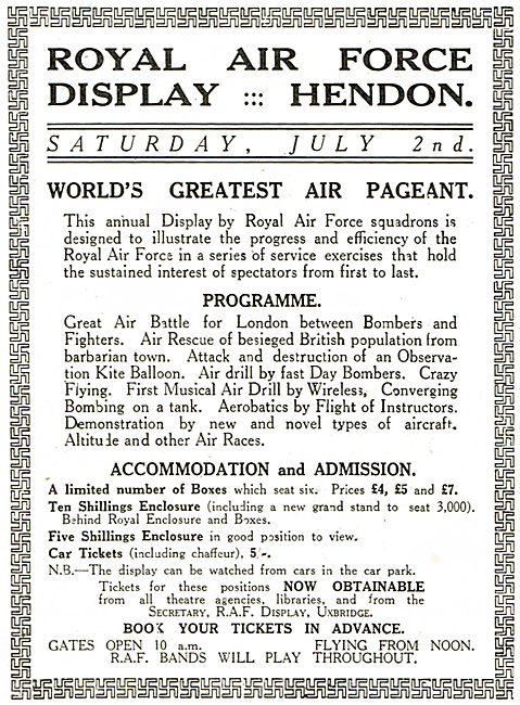 RAF Display Hendon - Saturday July 2nd 1927                      
