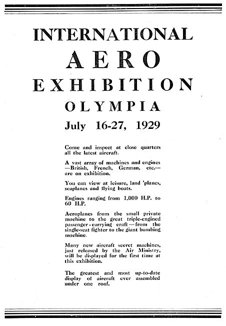 International Aero Exhibition Olympia July 16-27th 1929          