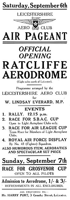 Official Opening Of Ratcliffe Aerodrome - Sat September 6th 1930 