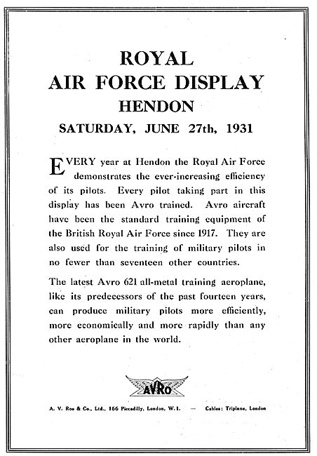 RAF Display Hendon June 27th 1931                                