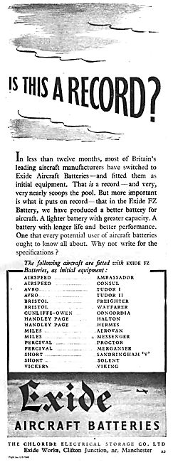 Exide Aircraft Batteries. List Of Current Types.                 