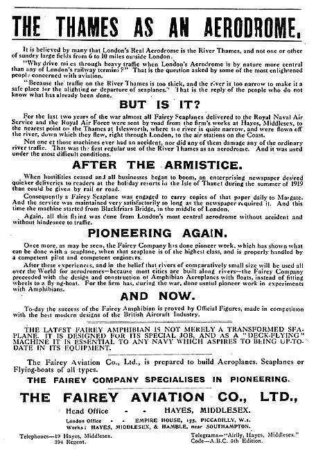 Fairey Aviation. The Thames As An Aerodrome                      