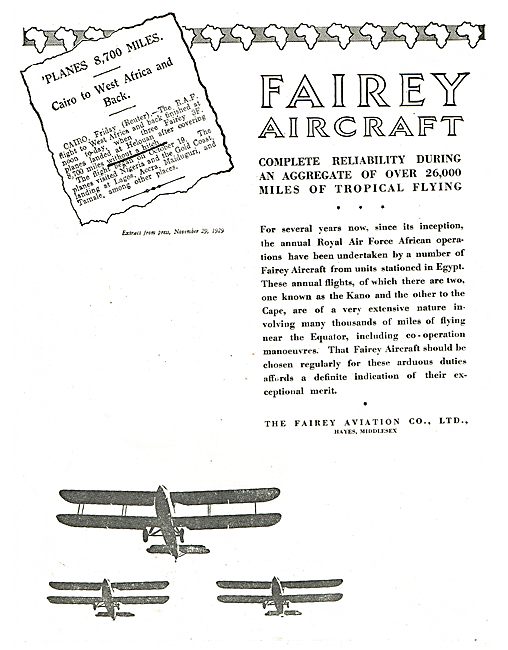 Fairey Aircraft Fly Cairo - West Africa Return. 8,700 Miles Flown