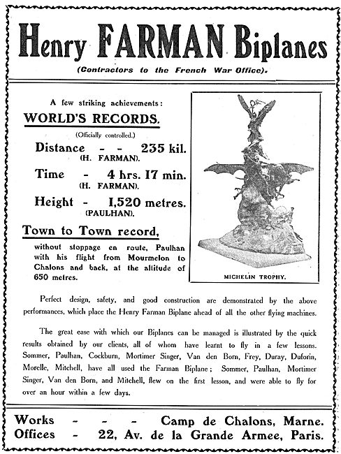 Summary Of Henry Farman Aeroplane World's Records                