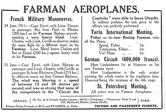 Farman Aeroplanes - Capt Eteve & Lieut Maryac                    