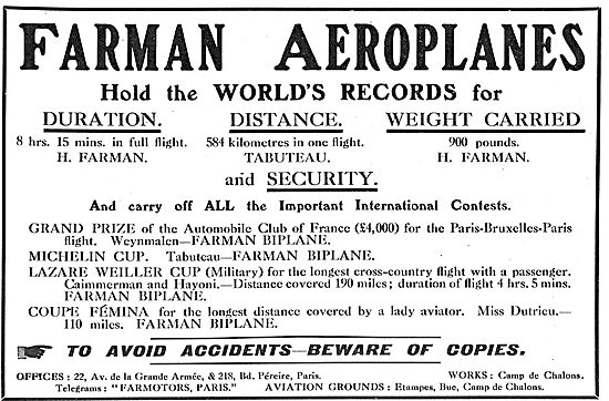 Farman Aeroplanes Hold World's Records For Duration & Distance   