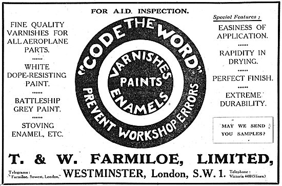 T. & W.Farmiloe. Paints, Varnishes, Dopes & Accessories          