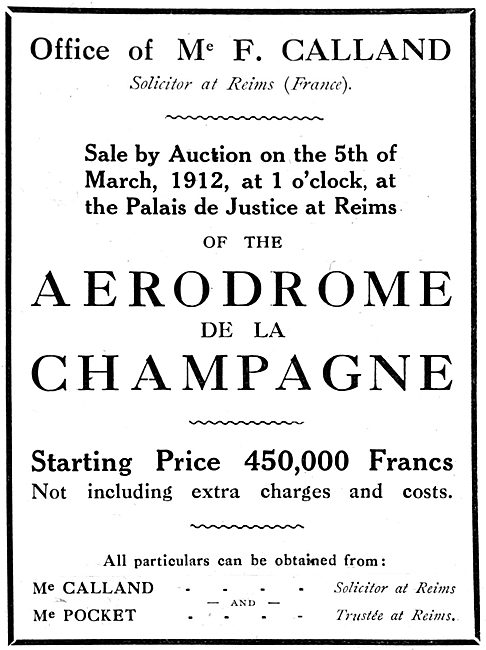 Sale By Auction March 1912 - Aerodrome De La Champagne           