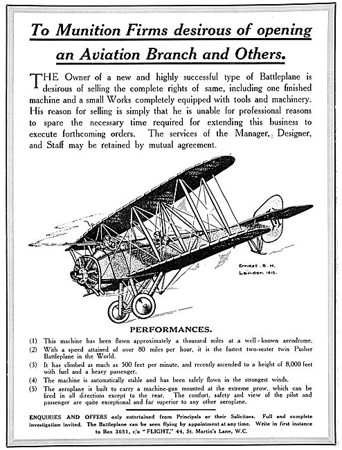 Aircraft Works & Aircraft For Sale.- Battleplane 1915            