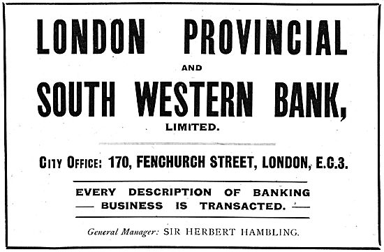 London Provincial & South Western Bank Ltd - 1918 Advert         