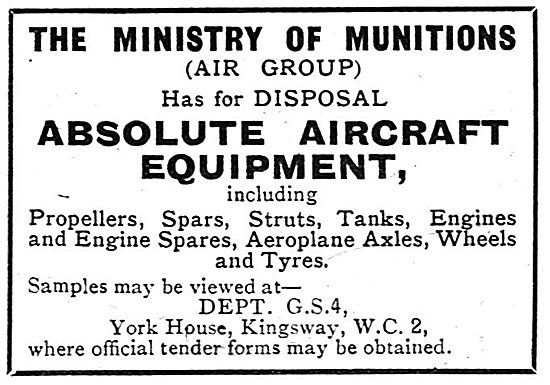 The Ministry Of Munitions - Disposal Of Surplus Equipment. 1918  