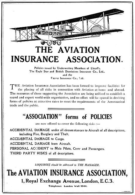 The Aviation Insurance Association - 1919 Advert                 