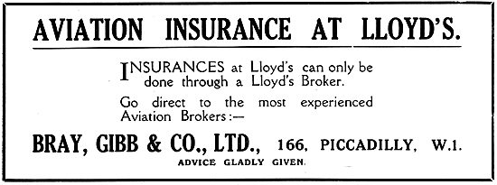 Bray,Gibb & Co Ltd - Aviation Insurance Brokers. 1919 Advert     