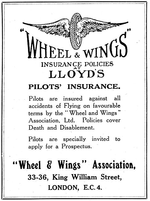 Wheels & Wings Association - Pilots' Insurance. 1919 Advert      