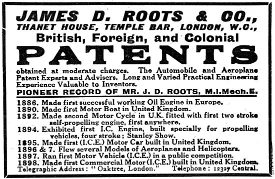 James D.Roots & Co - Patent Agents. 1919 Advert                  