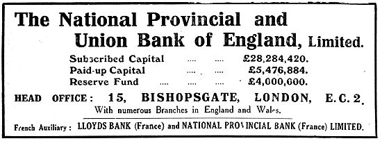 The National Provincial & Union Bank Of England - 1919 Advert    