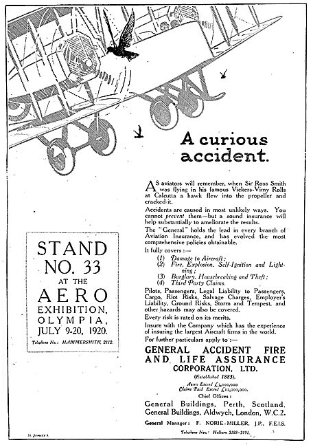 General Accident, Fire & Life Assurance. Aviators' Insurance 1920
