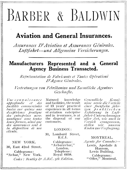 Barber & Baldwin Aviation Insurance 1925                         