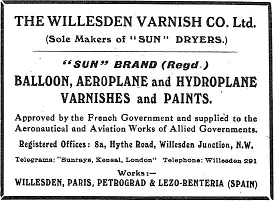 The Willesden Varnish Co - Paints For Aeroplanes. 