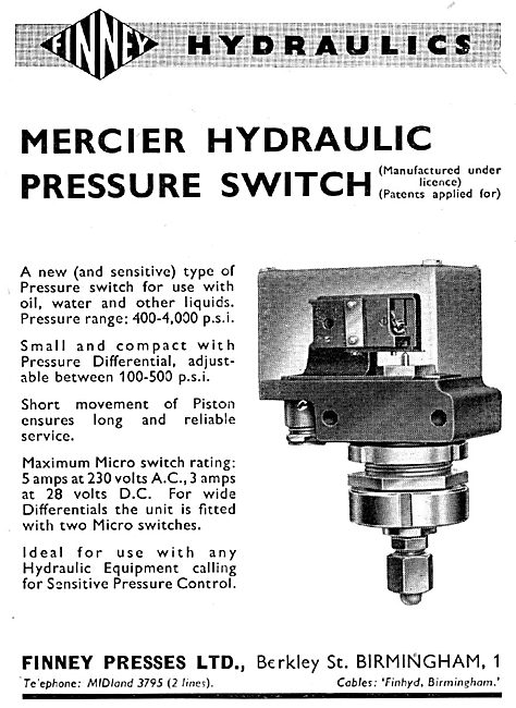 Finney Presses Mercier Hydraulic Pressure Switch                 