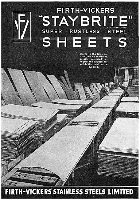 Firth-Vickers Staybrite Stainless Steel Sheets 1943 Advert       