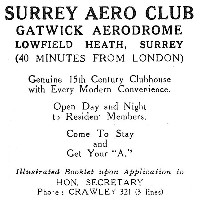 Surrey Aero Club. Gatwick Aerodrome 1931                         