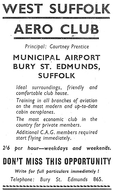 West Suffolk Aero Club. Municipal Airport Bury St Edmunds 1939   