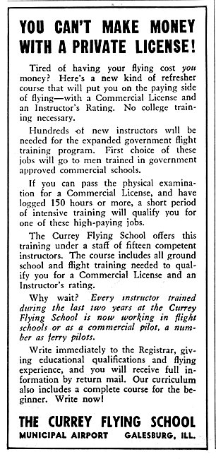 The Currey Flying School. Galesburg Illinois. 1942 Advert        
