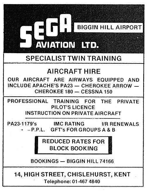 Sega Aviation. Biggin Hill. Flying Training & Aircraft Hire 1979 