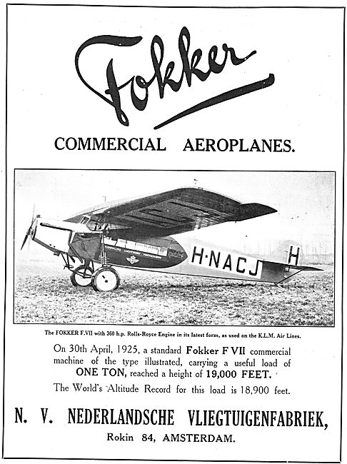 Fokker Commercial Aeroplanes. Fokker F.VII. H-NACJ               