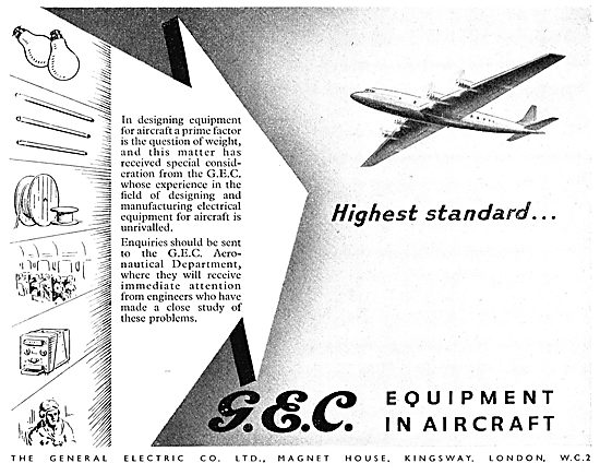G.E.C. Aircraft Electrical Equipment. 1950 Advert                