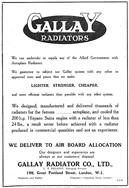 Gallay Aeroplane Radiators 1918                                  