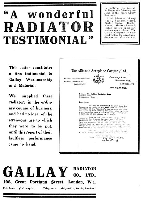 Gallay Aero Engine Radiators - 1919 Advert                       