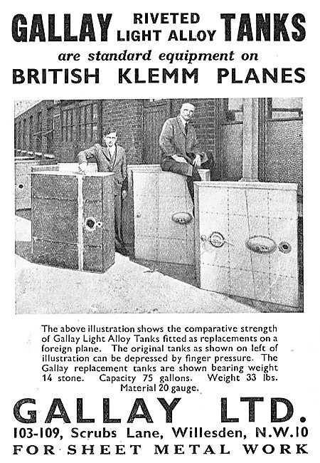 Gallay Fuel Tanks Standard On British Klemm Aeroplanes           