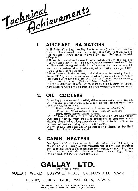 Gallay Aeroplane Radiators & Heat Exchange Components            