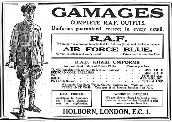 Gamage's New Style Regulation RAF Blue Unforms                   