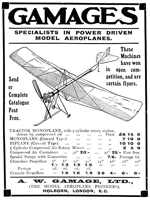 Gamages Power Driven Model Aeroplanes & Accessories 1913         