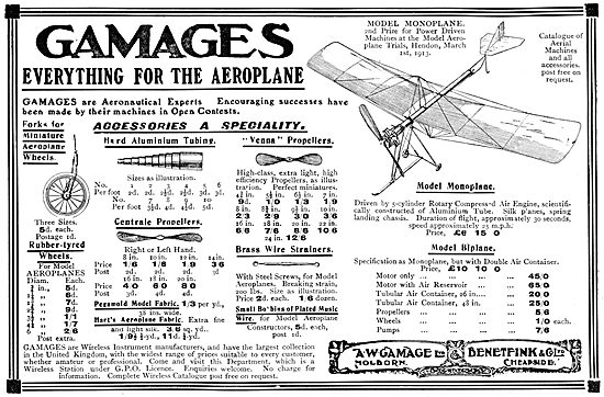 Gamages Power Driven Model Aeroplanes & Accessories 1913         