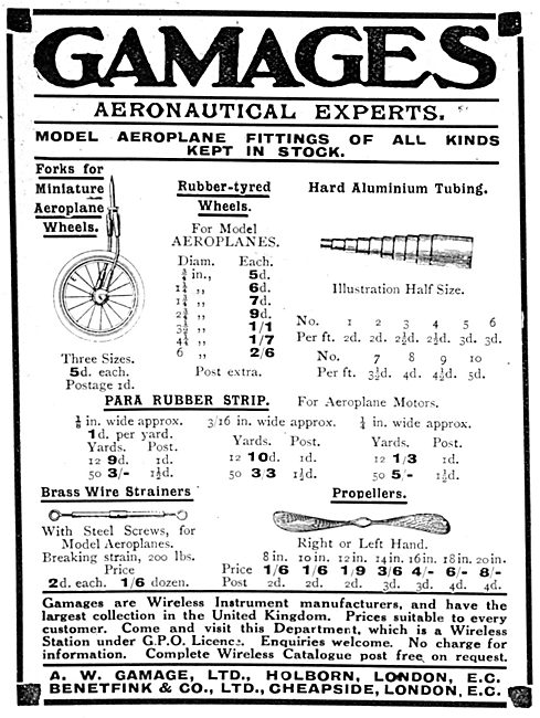 Gamages Power Driven Model Aeroplanes & Accessories 1913         