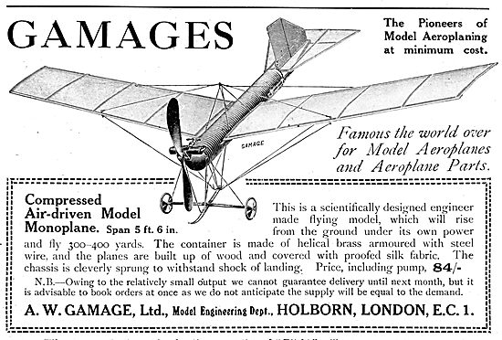 Gamage's Powered Model Aircraft - Compressed Air Driven 1919     