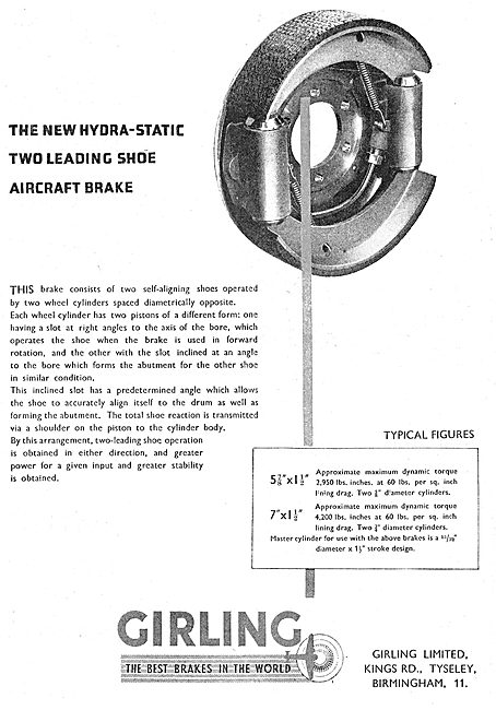 Girling Aircraft Brakes - Hydra-Static Two Leading Shoe Brake    