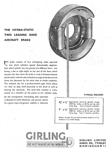 Girling Hydra-Static Two Leading Shoe Aircraft Brake             