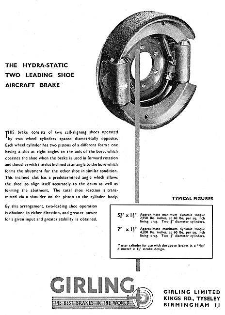 Girling Hydra-Static Two Leading Shoe Aircraft Brake             