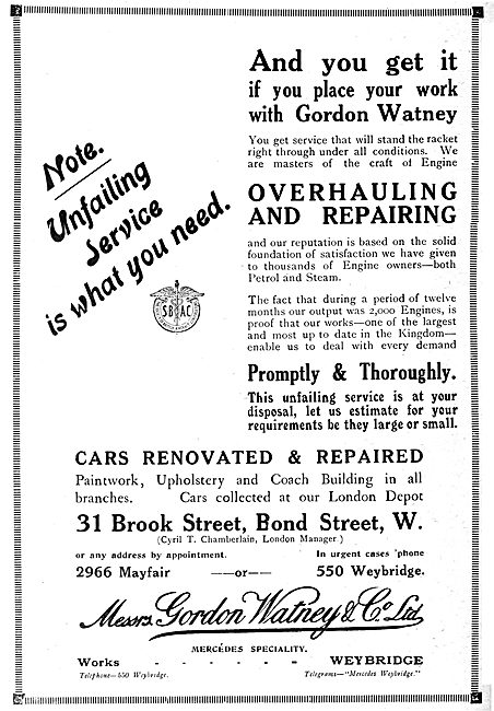 Gordon Watney, Weybridge. Motor &  Aeronautical Engineers        