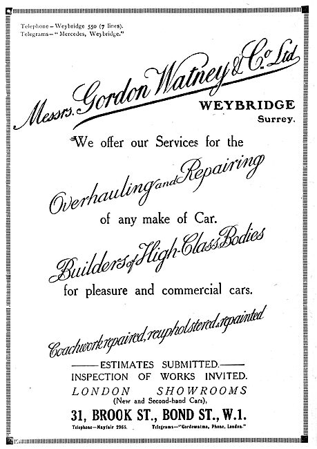 Gordon Watney, Weybridge. Engine Builders. Coach Builders        