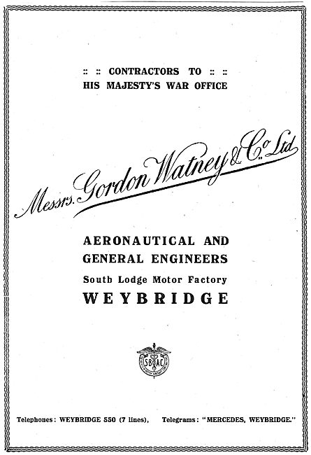 Gordon Watney, Weybridge. Aeronautical Engineers                 